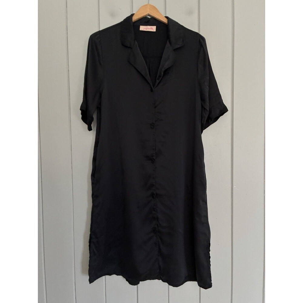 Papinelle Night Shirt Dress S Small 100% Silk Black Short Sleeve Collar Pockets